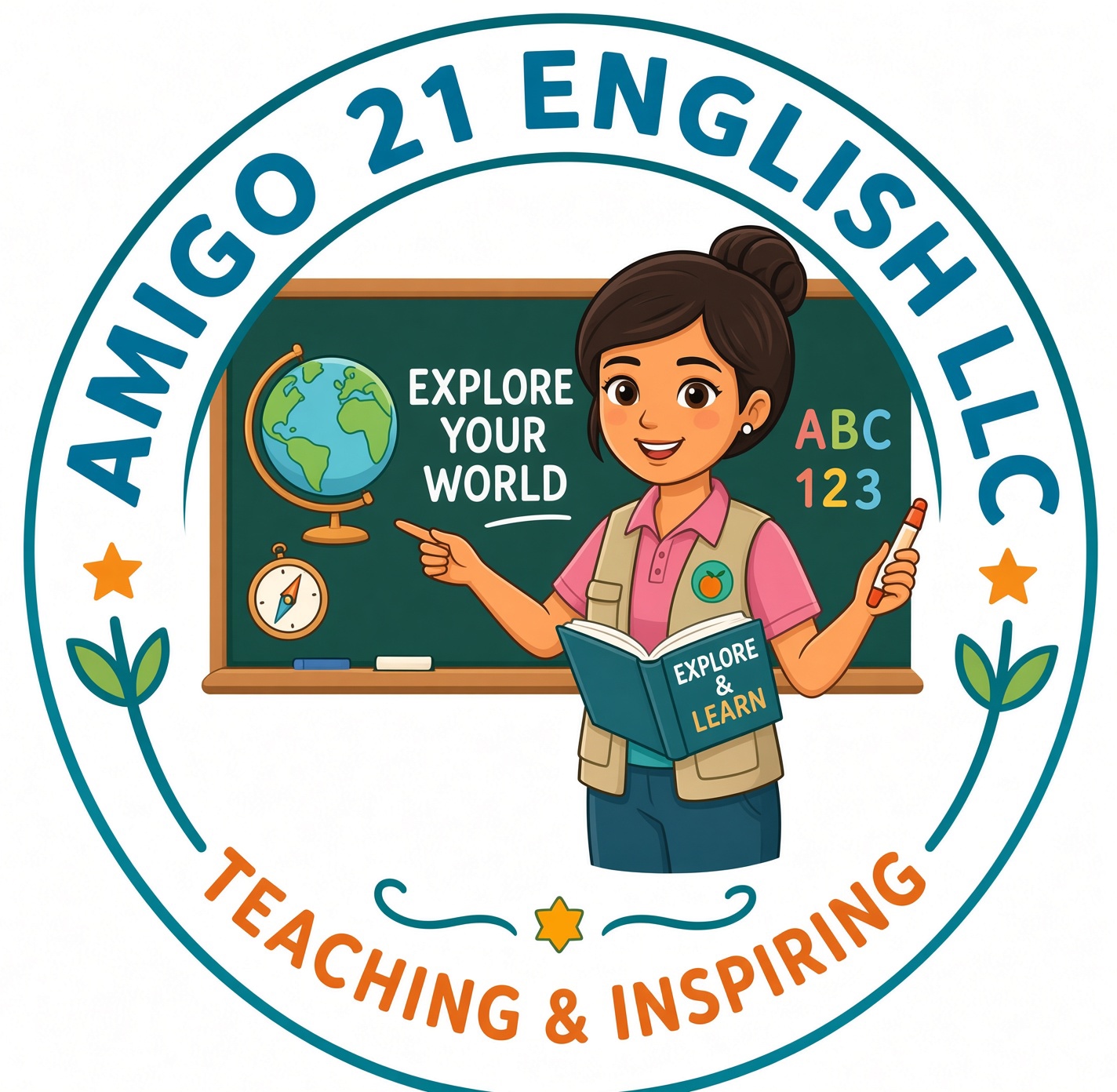 Amigo 21 English — a teacher in front of a classroom chalkboard